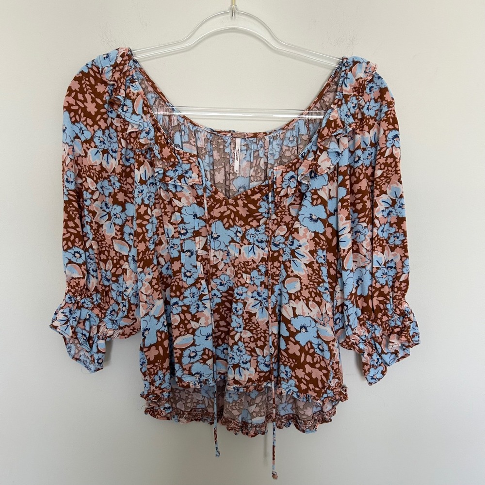 Free People Blouse Blue Brown M Floral Smocked Back Ruffle V-Neck Tie Boho Top